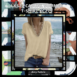 LXS22 verano nueva camisa Base Top mujer Color sólido Casual manga corta Camiseta encaje Europeo Americano estampado poliéster tejido - Product Image 2