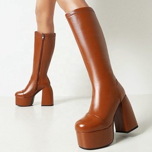 Elegant <b>Block</b> Heel Knee Boots for Women Plush Winter Warm Outdoor Shoes Platform Round Toe Plus Size 48 - Product Image 1