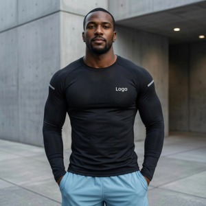 โรงงานผลิตเสื้อผ้า MOQ ต่ำ รับผลิตเสื้อผ้าออกกำลังกายแห้งเร็ว ป้องกันรังสียูวี ไม่หดตัว ผลิตจากผ้าสแปนเด็กซ์ โพลีเอสเตอร์ ยืดหยุ่นได้ - Product Image 1