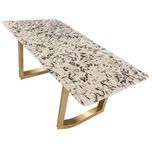 Table à manger personnalisée en quartzite Bianco Fiorla, plateau rectangulaire, style moderne, pour villa, 6 à 8 places, pieds en métal, mobilier en pierre - Product Image 2