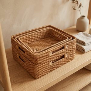 Panier de rangement en rotin écologique de couleur naturelle, formes variées, pour la décoration et l'organisation de la salle de bain, du salon, rectangulaire - Product Image 2