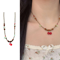 Collier ras du cou vintage JS fait main avec perles et feuilles, bijoux d'été, accessoires, collier cerise pour femme