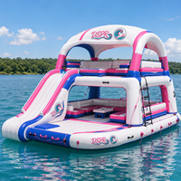 Barge flottante gonflable haut de gamme avec toboggan aquatique, île flottante à 2 niveaux avec auvent pour toutes les utilisations aquatiques