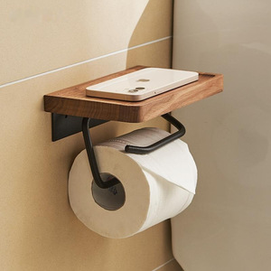 Wall Mounted Toilet Paper Holder With Wooden <b>Shelf</b> Minimalist Design For Bathroom Use - Product Image 1