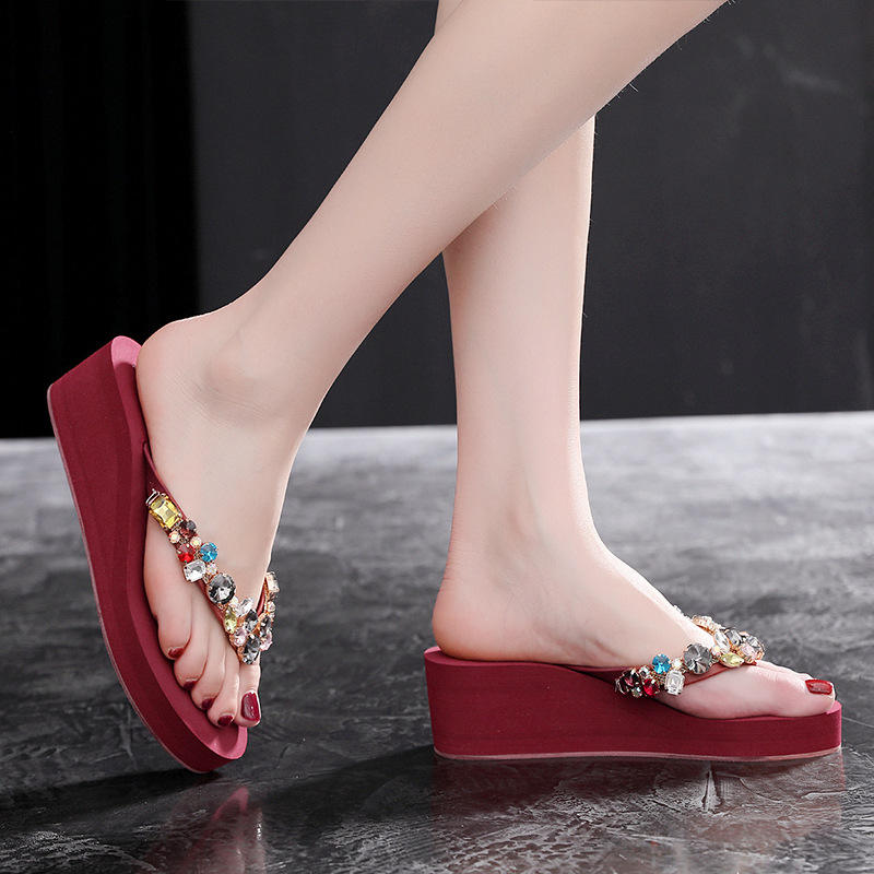 Women's New High Heel Flip Flops for Slippers Casual Wedge Design with  Rhinestone Soft Height Increasing and Anti-Slip Features