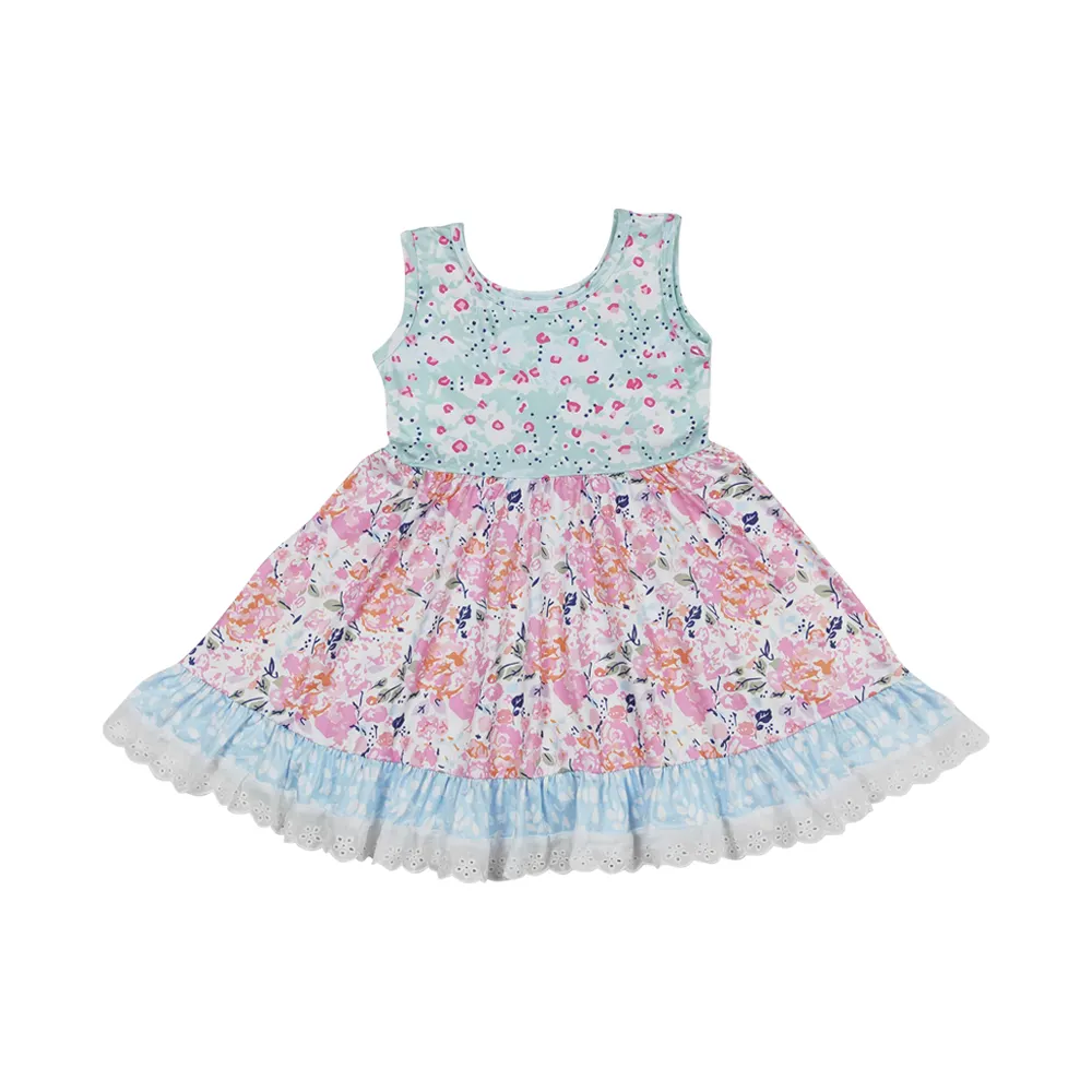 Floral sleeveless with lace trim Girls dress kids clothing