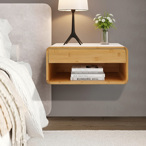 Wholesale Bamboo Wall-Mounted Nightstand Floating <strong>Bedside</strong> Table Organizer <strong>Shelves</strong> with Drawer for Bedroom - Product Image 5