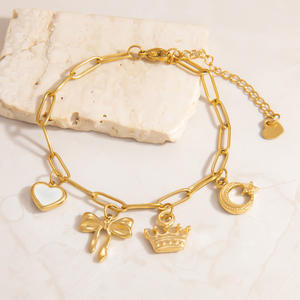 European American Style Titanium Steel <b>Bracelet</b> 18K Gold Plated Heart Crown Bow Moon Charm Jewelry For Women Gift - Product Image 2