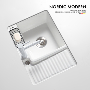 Fregadero de piedra Rectangular de cerámica de un solo orificio moderno, diseño de instalación de pared simple para <span class=keywords><strong>lavandería</strong></span> de baño para baño de apartamento - Product Image 5