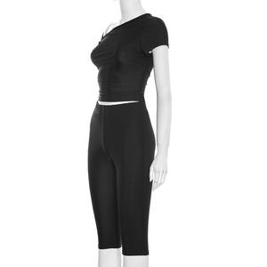 Viviblook J25ST489 Women Casual Set Twisted <b>Off</b> <b>Shoulder</b> Pullover Crop <b>Top</b> High Waist Cropped Pants Two Pieces Set - Product Image 5