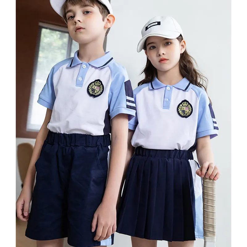 Производство, комбинированные цвета, оптовая продажа, шорты для начальной школы, детского сада, синяя футболка, юбка, 2 шт., школьная форма для мальчиков