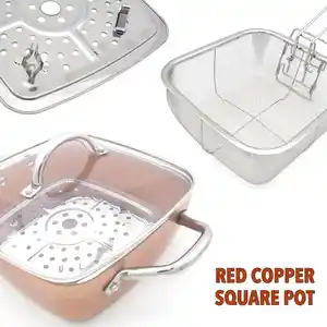 Olla de cocina para asar, utensilios de cocina de cobre rojo cuadrados, sartén antiadherente de cerámica con tapa, vaporizador de sopa