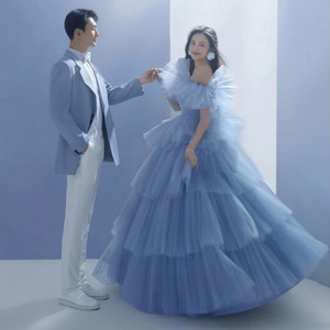 Strapless Light Wedding Dress Empire Waist Ball Gown Tulle Bright Steel Blue For Studio Photography Couple Portrait - Product Image 1