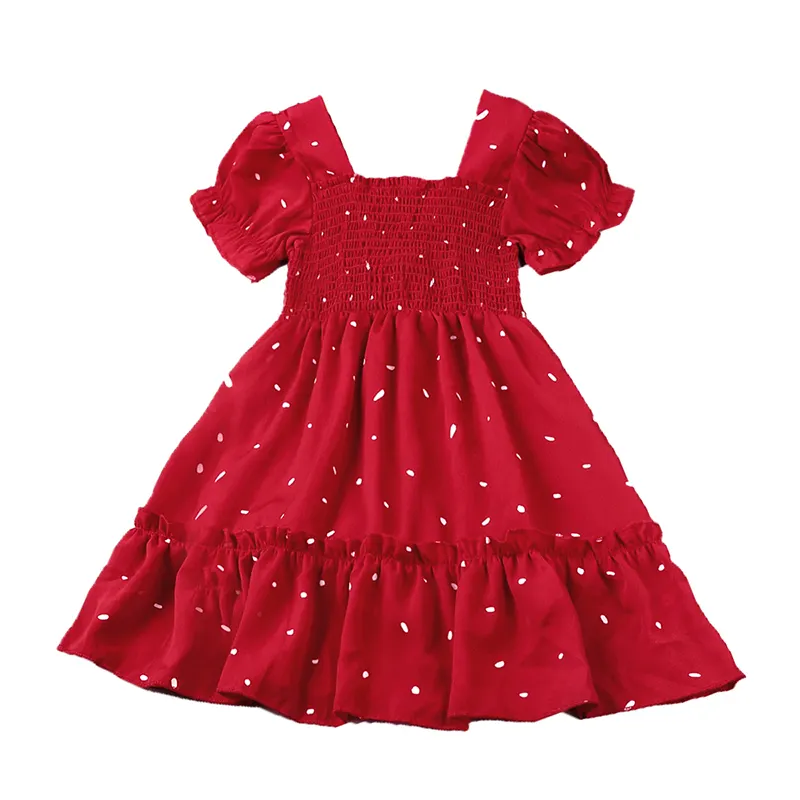 2022 New Summer Girls Red Princess Dress Printed White Dot Princess Cotton Dress
