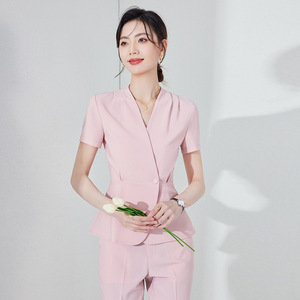 Pink Short Sleeve Suit Set For Women Summer Elegant V Neck Satin Breathable Uniform For Beauty Salon Health Center - Product Image 1