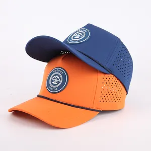 Custom 5 Panel Rubber Pvc Logo Rope Baseball Cap Waterproof Laser Cut Hole Perforated Hat Performance Sports Dad Hat