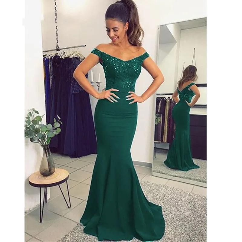 slim fit dress slacks Ladivine 7493 Bridesmaids Dress A Line Soft Satin Maxi Slit Dress Off The Shoulder Formal Bridesmaid 12 / Sage main image 1