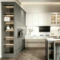 Ensemble d'armoires de cuisine modernes bicolores en bois sur mesure avec évier intégré, îlot, armoire vitrine LED, robinet, charnières et glissières de tiroirs