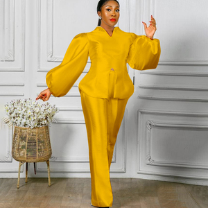 Yeni Tasarı<span class=keywords><strong>m</strong></span> Düz Renk Puf Kollu Bluz Geniş Paça Pantolon İki Parçalı Takı<span class=keywords><strong>m</strong></span> Kadın Ofis Elbisesi - Product Image 5