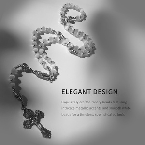 Terço de Aço Inoxidável para Mulheres e Homens, Contas de 8mm em Olho de Gato Branco com Crucifixo Prateado Ornamentado e Medalha da Virgem Maria - Product Image 2