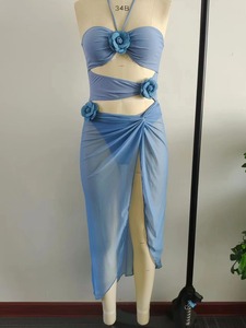 2026 Neues Cross-Border Einfarbiges 2-Teiliges Set Mesh-Neckholder-Bikini Damen-Badeanzug mit Cut-Out-Design Langlebig XL - Product Image 5