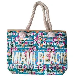 Custom logo personalised canvas beach hand bags 2024 souvenir florida miami beach bag