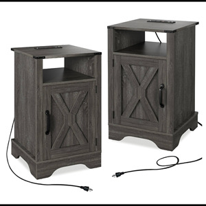 Ensemble de 2 tables de chevet de style farmhouse gris foncé de 16 pouces avec station de charge et rangement - Product Image 5
