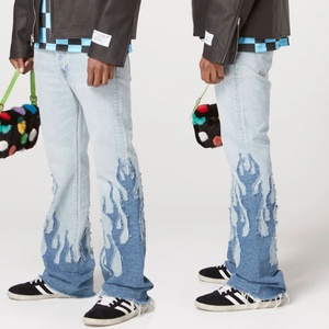 Jeans de Hombre al por Mayor, Personalizados, de Buena Calidad, Diseño de Moda, Bordado de Llamas, Estilo Urbano, Vintage, Lavado Azul - Product Image 5