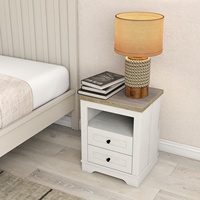 Table de chevet rustique en bois blanc antique de ferme Table d'appoint avec armoire de rangement à 2 tiroirs pour chambre à coucher