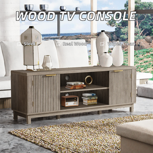Meuble TV moderne en bois pour salon, console multimédia avec portes cannelées et étagères de rangement - Product Image 2