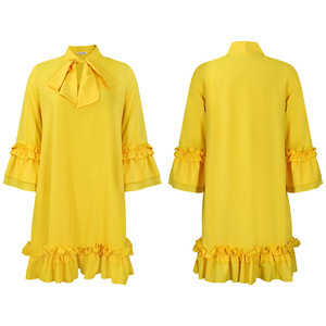 Robe décontractée mi-longue élégante à manches bouffantes, couleur unie, à nouer, à volants, style ample - Product Image 2