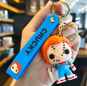 Factory in stock soft rubber PVC keychain Halloween 3d pvc keychain of chucky