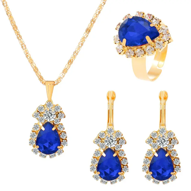 Conjunto de joias de noiva fashion com 3 peças de colar super flash diamante lágrima casamento colares de noiva brincos conjunto de anéis de dedo