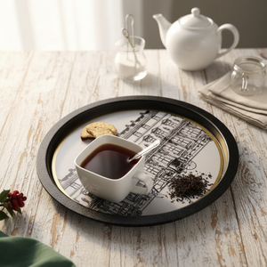 Vintage Cityscapes Illustration Metal <b>Tray</b> 315mm Ø Rattan Steel Stainless Steel <b>Mirror</b> <b>Tray</b> for Food Serving Decorative Feature - Product Image 3