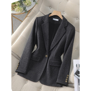 Women's Wool Blazer Brown Single Button Slim Fit Autumn Winter Solid Color Pocket Design - Product Image 2