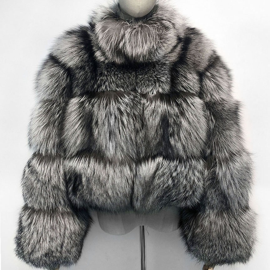 ジャケット・アウター ACLENT Stand collar volume fur coat S Silver Fox Fur Jacket - Warm Winter Coat for Plus Size