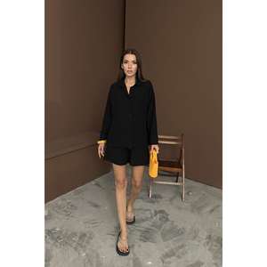 Ensemble décontracté en lin noir pour femme, haut à manches longues et short respirant, vente en gros - Product Image 6