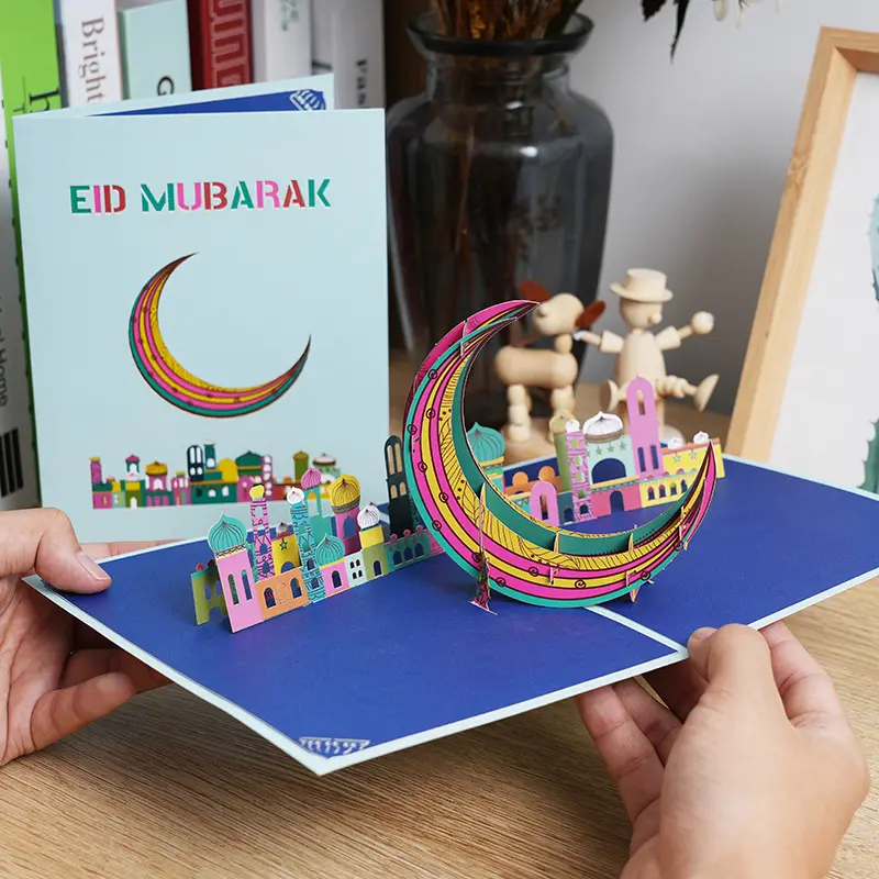 بطاقة تهنئة ثلاثية الأبعاد للمساجد الإسلامية مبتكرة وجديدة لعام 2024، بطاقة نحت ورقية مصنوعة يدويًا تعبر عن عيد القمر وعابرة للحدود