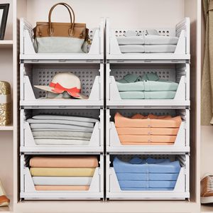 Impilabile cestino <span class=keywords><strong>portaoggetti</strong></span> in plastica pieghevole armadio organizer cassetto scaffale contenitore per <span class=keywords><strong>bagno</strong></span> ufficio - Product Image 1