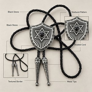 Cravate Bolo Western Vintage pour Homme, Pendentif Bouclier, Pierre Noire, Motif Étoile, Cordon en Cuir Tressé, Accessoire Décontracté pour Chemise - Product Image 3
