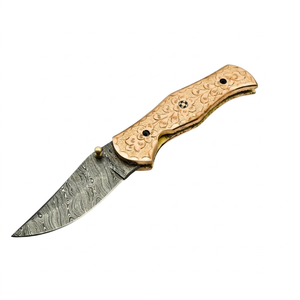 Couteau de poche pliant en acier Damas de qualité industrielle, gravé à la main, manche en cuivre, pour camping, pêche, randonnée, bricolage – Vente chaude - Product Image 1