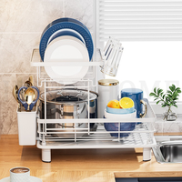 Égouttoir à vaisselle à 2 niveaux en acier au carbone gris personnalisé avec égouttoir automatique pour évier de cuisine avec porte-couteaux, porte-fourchettes et porte-gobelets
