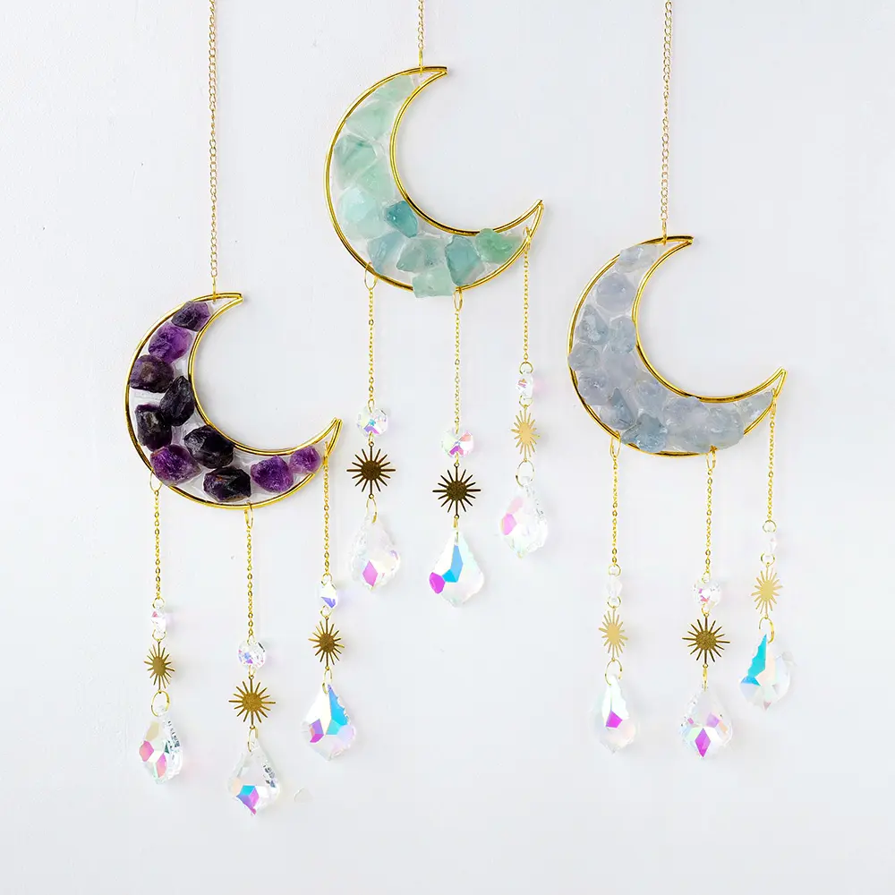 Wholesale natural raw crystals moon sun catcher wind chime healing home decoration