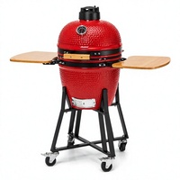 Barbecue au charbon de bois en céramique Kamado de 16 pouces avec support et étagères latérales en bois pour le camping et la terrasse