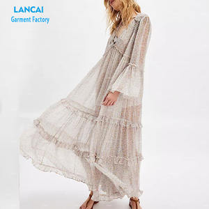 Nouvelle conception de mode de tissu en mousseline de soie style robe longue à col en V robe à volants pour femmes - Product Image 3