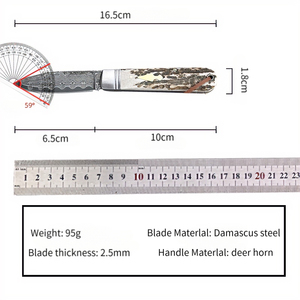 Coltello Pieghevole Artigianale in Acciaio Damascato con Manico in <span class=keywords><strong>Corno</strong></span> <span class=keywords><strong>di</strong></span> <span class=keywords><strong>Cervo</strong></span>, Stile Vintage, per Caccia, Campeggio, Sopravvivenza all'Aperto - Product Image 6