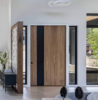 Porte d'entrée pivotante en aluminium, grain de bois, serrure intelligente, charnière multipoints hors axe, résistante aux UV, fluorocarbone, taille personnalisée, entrée de villa