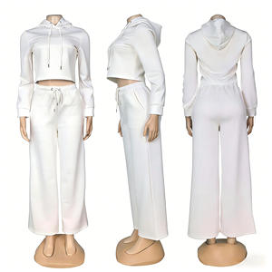 Conjunto Feminino Cropped Hoodie Plus Wide Leg Pants Solid Color Casual Style European American Look <b>Set</b> - Product Image 5