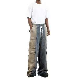 Produttori di pantaloni da uomo in denim colore sfumato Hip hop con lacci larghi con lacci larghi multi tasche casual jeans