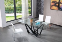 Table à manger extensible en verre transparent durable, style contemporain avec base en acier inoxydable pour salon